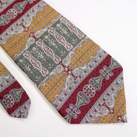 Bill Blass Yellow Green‎ Red Baroque Print Short Wide Silk Tie - Picture 1 of 6